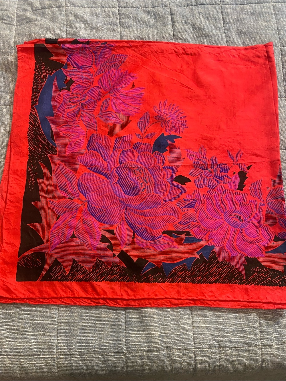 Vibrant Floral Thai Silk Reddish Pink Scarf with purple, blue and black accents